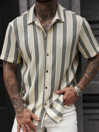 Manfinity CasualCool Áo sơ mi cổ polo sọc thường ngày dành cho nam