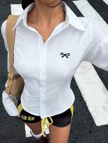 SHEIN EZwear 休闲简约黑色蝴蝶结Logo图案收腰长袖衬衫，适合秋冬季节，复古/学院风时尚女式衬衫 - 彩色 - 查看 8