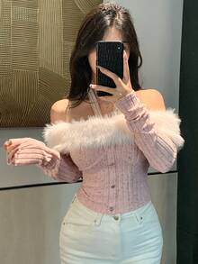 DAZY Women's Blush Pink Autumn Chic Party Top,Fuzzy Brushed Collar Textured Striped Cropped Long Sleeve T-Shirt, Off Shoulder Backless Metal Button - Pink - View 6