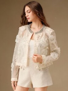 Anewsta 3D Beaded Floral Sheer Collar Handmade Sequins Round Neck H-Line Long Sleeve Jacket, Suitable For Fall, Winter, Spring, New Year, Party, Wedding, Elegant, Chic, Stylish, Christmas, Festival, Holiday, Casual Wear