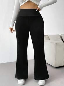 SHEIN EZwear Plus Size Autumn/Winter Casual Solid Color Wide-Waist Thickened Pants - Black - View 10