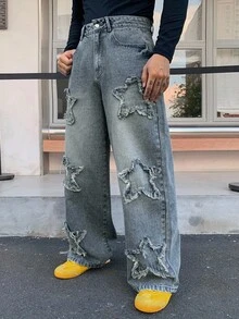 DAZY Men's Distressed Patchwork Denim Jeans With Pentagonal Design, Streetwear Style, Autumn Y2k Jeans Distressed Jeans - Blue - View 3