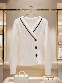 EMERY ROSE Cárdigan de mujer casual y versátil de color blanco con contraste, cárdigan de cuello en V, cárdigan acanalado, cárdigan casual de negocios para otoño, invierno y otoño con abotonadura - Blanco - Ver 9