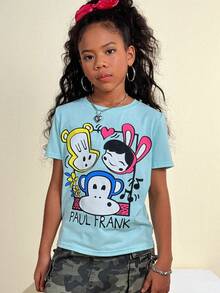 Paul Frank X SHEIN Tween Girl Fall Clothes,Casual Cartoon And Letter Graphic Short Sleeve Crew Neck Tee,Back To School,Tops For School,Homecoming - Mint Blue - View 1