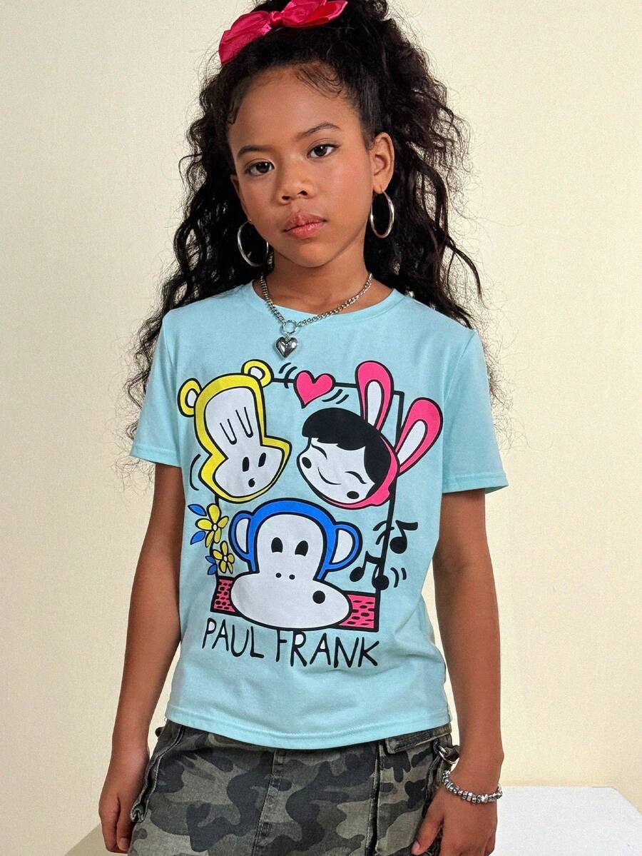Paul Frank X SHEIN Tween Girl Fall Clothes,Casual Cartoon And Letter Graphic Short Sleeve Crew Neck Tee,Back To School,Tops For School,Homecoming - Mint Blue - View 1
