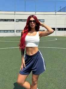 Bearsaez Women's Summer Casual Vintage Sports Blue Striped Side Track Shorts - Navy Blue - View 1