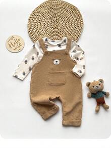 Newborn Baby Boy Cute Casual Versatile Cartoon Pattern Long Sleeve Jumpsuit Set Fall Winter - Apricot - View 8