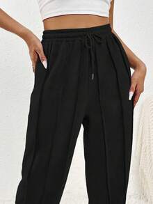 SHEIN PETITE Grey Ripped Patchwork Exposed Seam Drawstring Waist Slant Pocket Straight Leg Casual Sports Sweatpants - Black - View 6