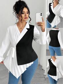 Elenzga Plus Size Women's Contrast Color Pleated Blazer Fall Cloth For Women Autumn - Multicolor - View 1