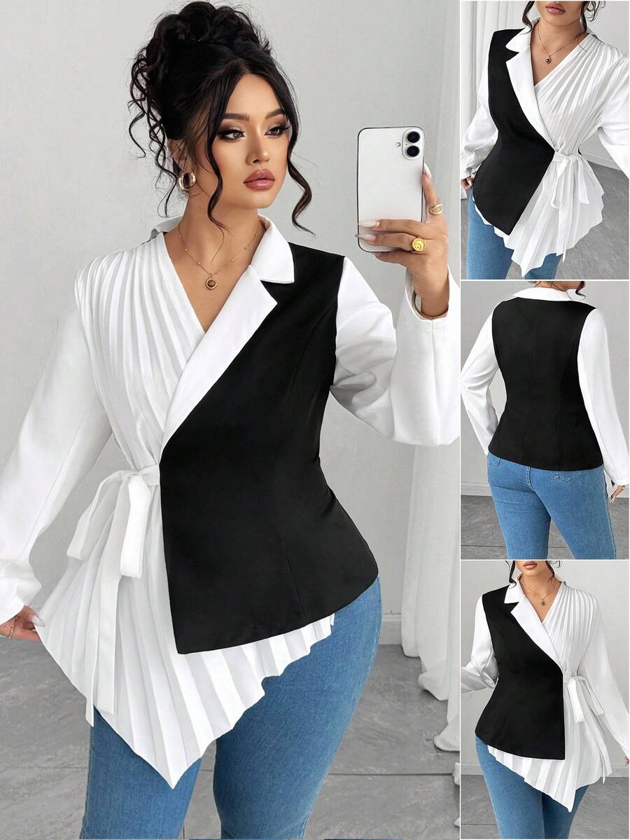 Elenzga Plus Size Women's Contrast Color Pleated Blazer Fall Cloth For Women Autumn - Multicolor - View 1