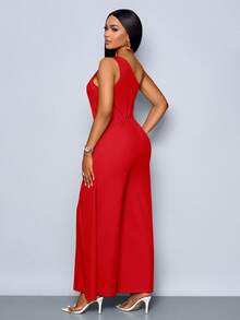 SOLERSUN Tuta larga con spacco e una spalla senza maniche, di moda per donna in primavera ed estate per uso quotidiano - Rosso - Visualizzare 2