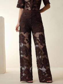 Anewsta 棕色优雅直筒镂空刺绣女裤，秋冬 - 咖啡棕 - 查看 5