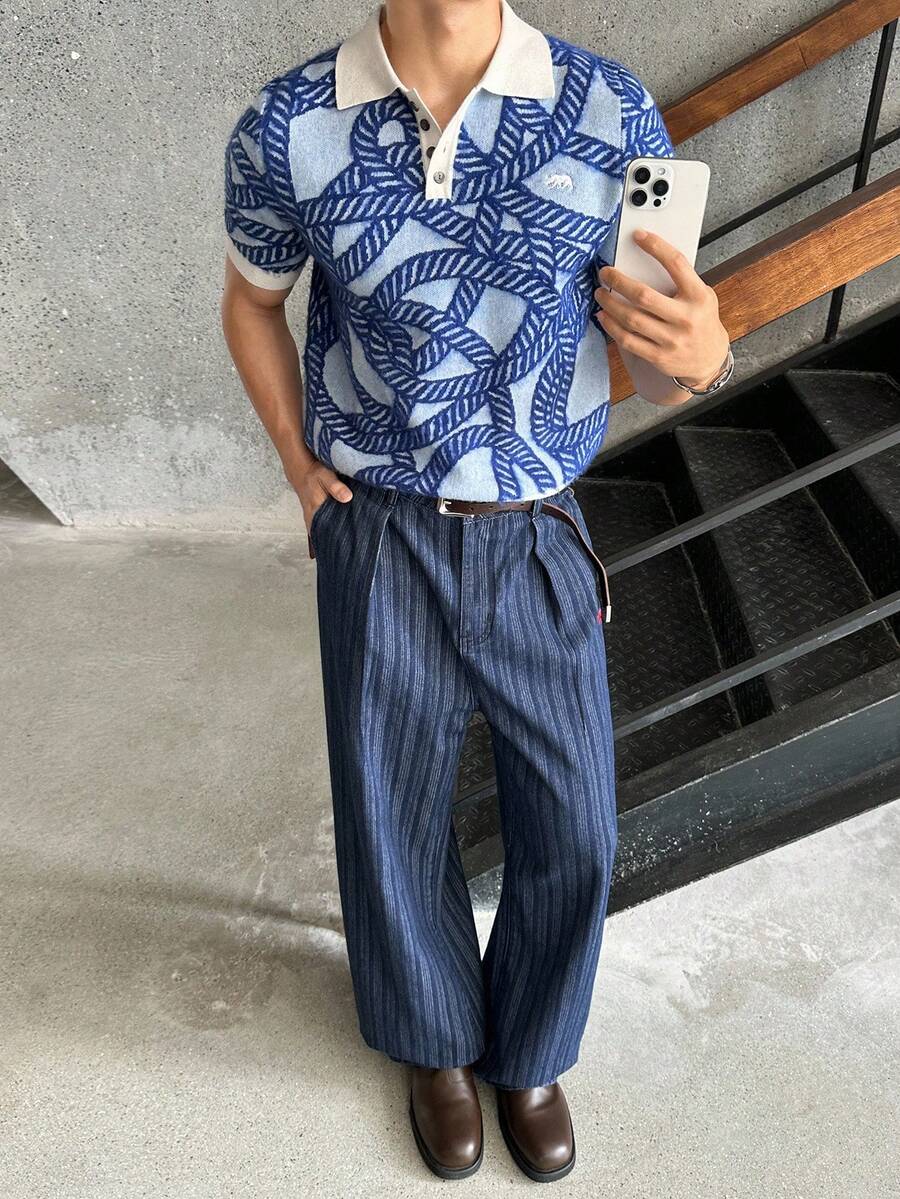 ESTAVOR 男士口袋条纹褶皱阔腿宽松休闲牛仔裤 - 藍色 - 查看 1
