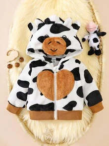 SHEIN Baby Girl Cute Cow Plush Jacket, Casual Outdoor Wear, Autumn/Winter Fall