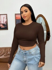 SHEIN EZwear 巧克力棕色罗纹针织修身女式T恤 - 巧克力棕 - 查看 3