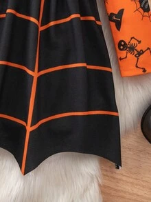 SHEIN 小女孩可爱卡通图案长袖连衣裙，适合万圣节派对 - 橘色 - 查看 8