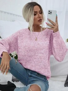 EMERY ROSE Women's Casual Loose Fit Crew Neck Drop Shoulder Long Sleeve Pink Sweater, Autumn/Winter - Multicolor - View 7