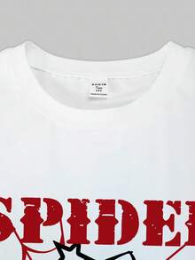 SHEIN 青少年女孩 2件/套 短袖字母印花圓領T恤 + 工裝長褲，休閒街頭風，夏季舒適套裝 - 紅色 - 查看 4