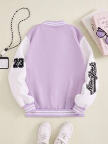 SHEIN Explorewe 1 件青少年女孩甜美浅紫色撞色袖熊补丁字母印花棒球夹克，常规厚度，休闲，秋季 - 紫色 - 查看 2