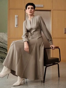 Uhlyne - 女士优雅优质亚麻长袖圆领连衣裙，拉链腰部设计，秋季商务休闲装 - 卡其色 - 查看 3