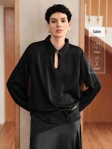 Uhlyne Uhlyne 女士简约优雅性感前镂空缎面金属扣长袖 - 黑色 - 查看 3