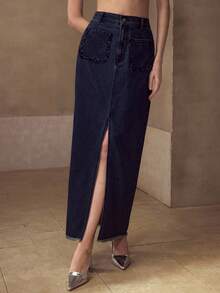 MOTF 大腿开衩毛边牛仔裙 - 藍色 - 查看 3