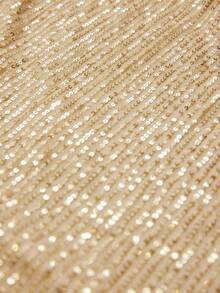 Écloséra 法式复古优雅圆领短袖宽松亮片金色春秋季派对连衣裙中长款女士冬季连衣裙 - 金色 - 查看 2