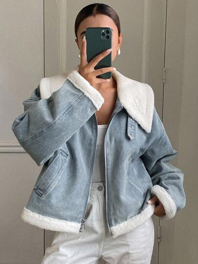 DAZY Women's Denim Patchwork Loose Short Padded Coat With Faux Fur Lining Jacket