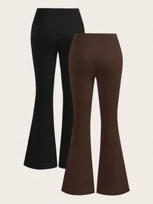 SHEIN EZwear Bộ 2 quần ống loe bó sát thiết kế chéo cạp chun màu đen và cà phê dành cho nữ - Nhiều màu - Xem 2