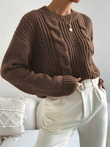 EMERY ROSE Suéter holgado de mujer de manga larga con patrón de cable, casual, para otoño/invierno - Caqui - Ver 3