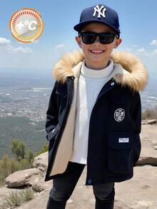 SHEIN 男婴保暖加厚外套，舒适百搭，休闲时尚，日常实用风格，带人造毛领连帽，长袖绗缝外套，适合室内、室外、日常、运动、玩耍、派对、假日、返校季、街头穿搭、秋冬季穿着。 - 藏蓝色 - 查看 3