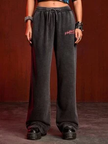 A Nightmare on Elm Street X ROMWE Women's Casual Fashion Street Letter Graphic Drawstring Waist Slant Pocket Loose Wide Leg Sweatpants - Black - View 2