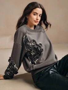 Anewsta Women's Autumn Chic 3D Flower Beaded Sweatshirt - Grey - View 6