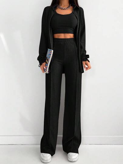 CLARA VERO 3pcs Women Solid Color Round Neck Camisole + Long Sleeve Jacket + Pants Casual Suit Set Black Two Piece Outfit Black Three Piece Outfit Two Piece Set With Pants Black Wide Leg Pants Two Piece Set Black Flare Pants Classy Two Piece Outfit Black Wide Leg Pants Two Piece Outfit Black Two Piece Set Women Long Sleeve Two Piece Set Two Piece Outfit Women Ribbed Two Piece Set