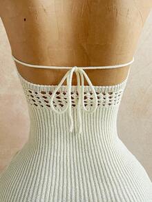 Soleia Soleia Women's Holiday V-Neck Hollow Out Wooden Bead Fitted Knit Dress With Tassel Hem, Spaghetti Strap Tie Back Knit Maxi Dress For Vacation, Date, Afternoon Tea, Party, Beach, Cruise, Island, Road Trip, Wedding, Music Festival, Boho Vacation, Beach Outfit, Can Be Worn Inside Or Outside