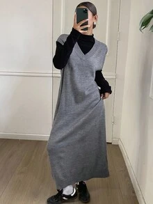 DAZY 女式休闲纯色V领无袖针织毛衣裙，秋季 - 棕色 - 查看 5