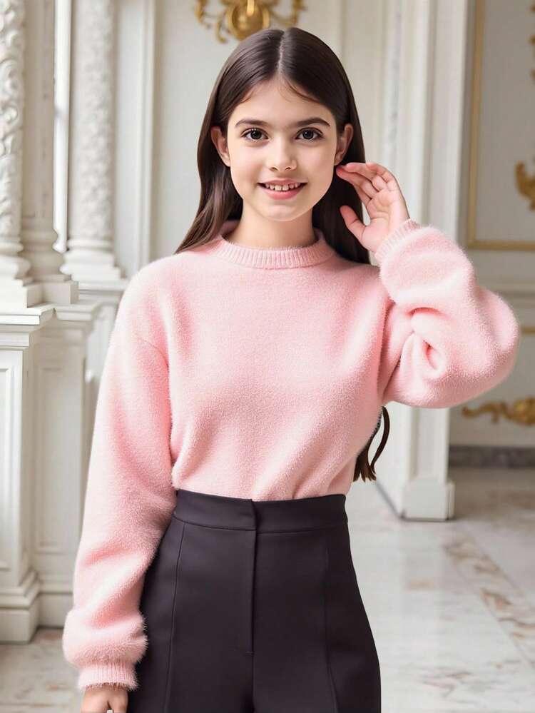 Tween Girl Bishop Sleeve Crop Fuzzy Sweater