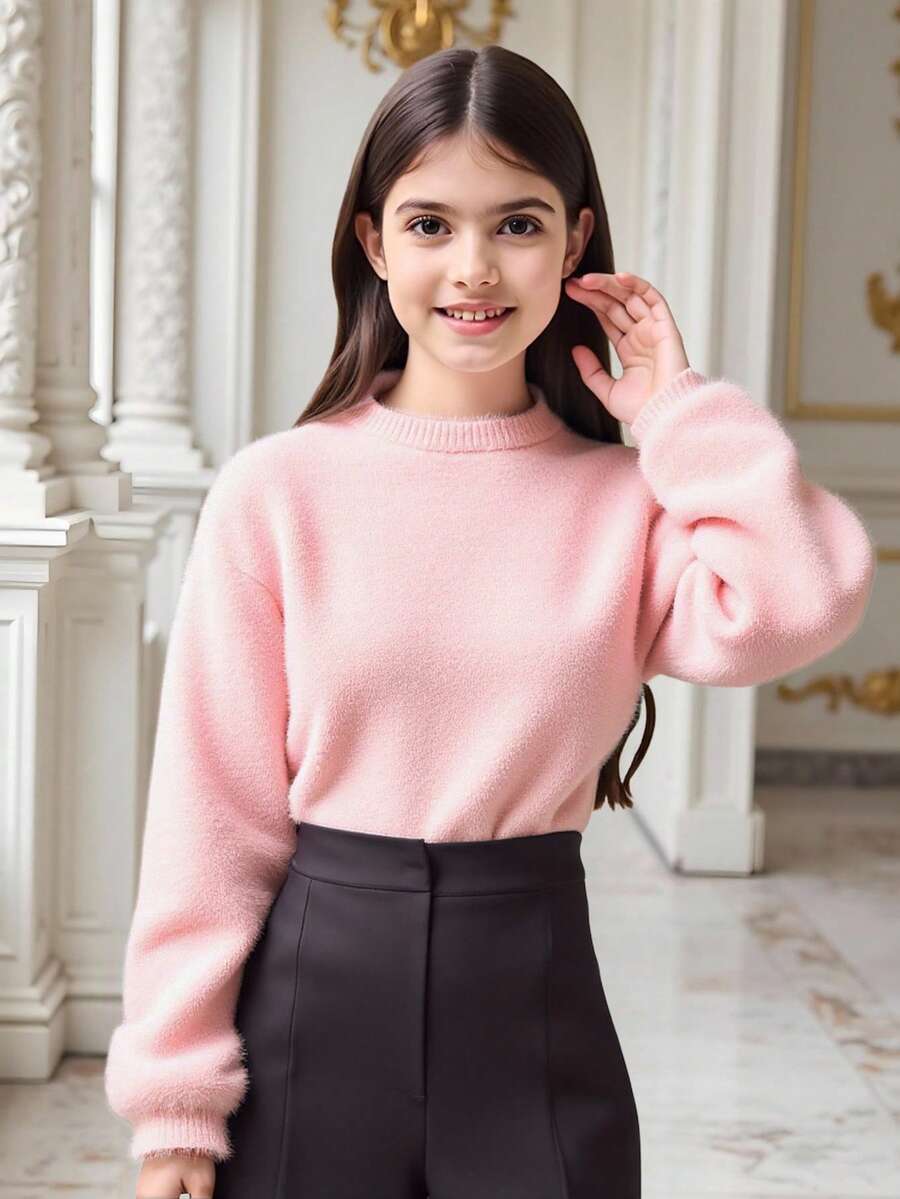 Girls Bishop Sleeve Crop Fuzzy Jumper - Pink - View 1