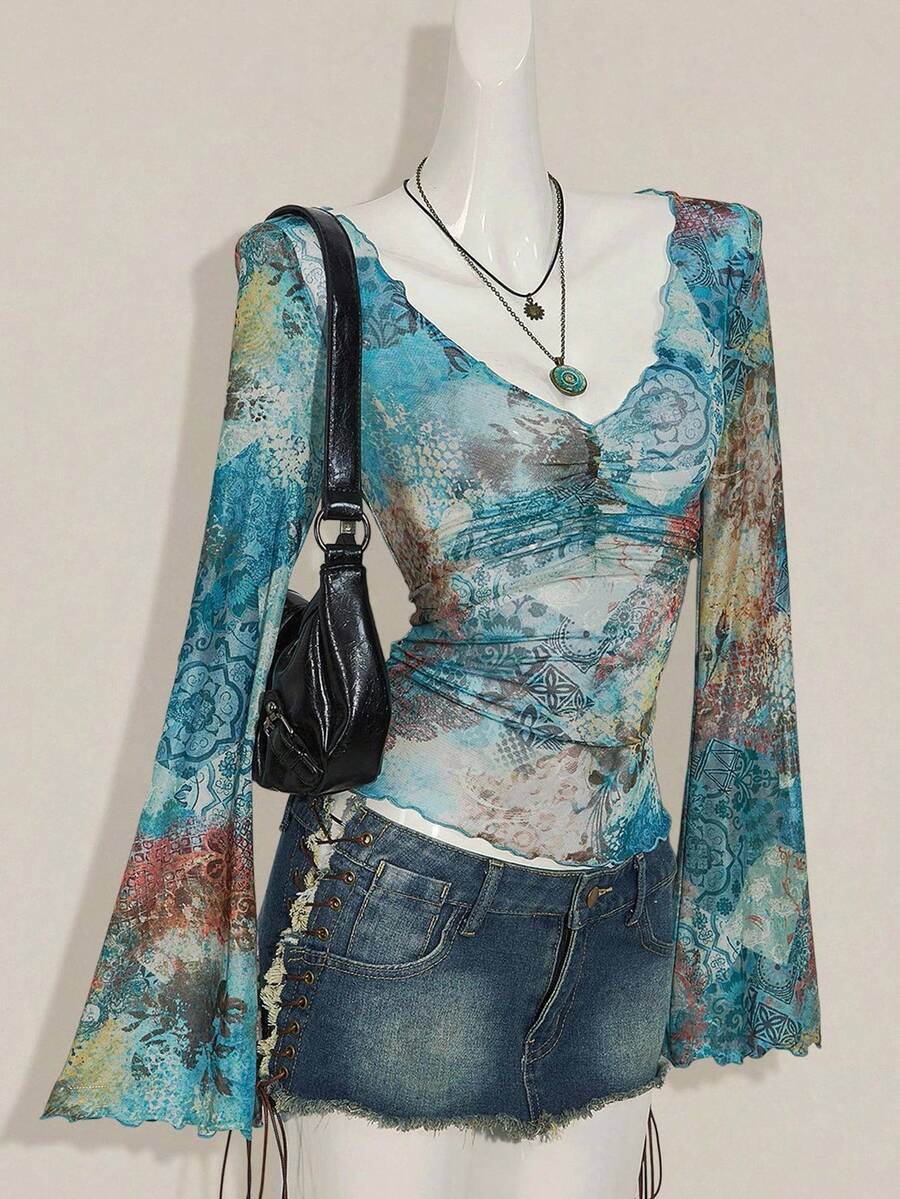 SHEIN ICON Fall Women's Western Boho Teal Allover Print V-Neck Ruched Elegant Long Sleeve Blouse - Multicolor - View 1