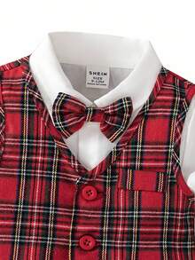 SHEIN 3pcs Baby Boy Gentleman Outfit Set,Red And White Plaid Pants,Bowknot Vest,Elegant Wedding Suit For Summer Birthday Party,Christening,Formal Occasions - Red - View 3