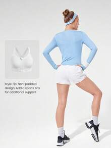 GLOWMODE Nâng cao năng lượng của bạn! Áo thun dài tay cổ vuông, ngang eo, ấm áp, thoải mái, phản quang, có lỗ xỏ ngón tay cái, thích hợp cho chạy bộ, đi bộ đường dài, tập gym, tập luyện hàng ngày. - Màu xanh nhạt - Xem 8