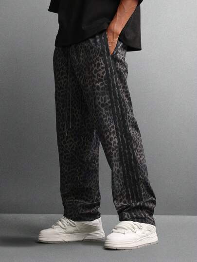 SUMWON Regular Wide Leg Leopard Print Joggers With Elastic Waist Side Stripe Lounge Pants Fall Winter Streetwear