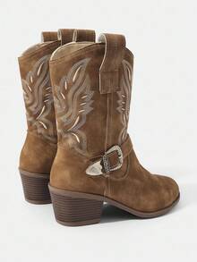 Styleloop Women's Western Embroidered Apricot Mid-Calf Boots, Comfortable For Vacation, Commute, Chunky Heel, Shark Boots For Halloween Party - Apricot - View 10