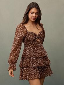 WESTFADE 纹理花卉印花甜心领锁孔前开襟长泡泡袖蝴蝶结后背层叠荷叶边迷你连衣裙休闲可爱秋季冬季乡村音乐会服装 - 棕色 - 查看 4