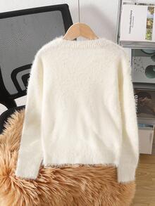 1pc Girls' Sweater,Off-White,Autumn,Elegant,Birthday Rhinestone Decor On Shoulder,Round Neck,Faux Cashmere Soft & Comfortable Versatile Pullover - White - View 2