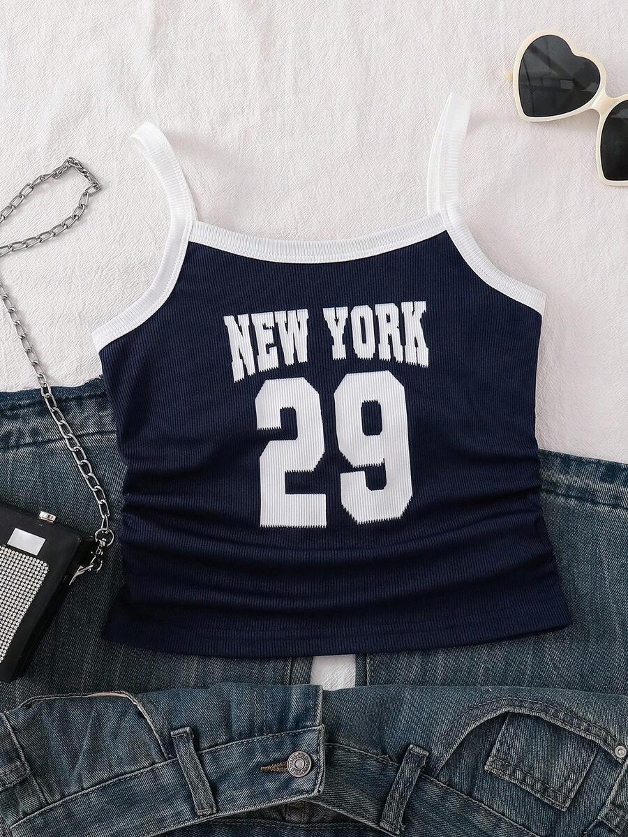 女童夏季字母印花荷叶边休闲吊带背心 - 藏蓝色 - 查看 1