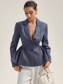 Revavyn Blazer de mujer con bajo con volante y solapa entallada, de manga larga a rayas - Gris - Ver 4