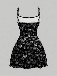 ROMWE Spring/Summer Graphic Flower Black Gothic Dark Skull, Moth, Bat, Spider Mini Dress For Women, Halloween - Black - View 6