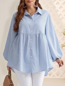 Rosumi Plus Size Winter Women Casual Striped Lantern Sleeve Shirt