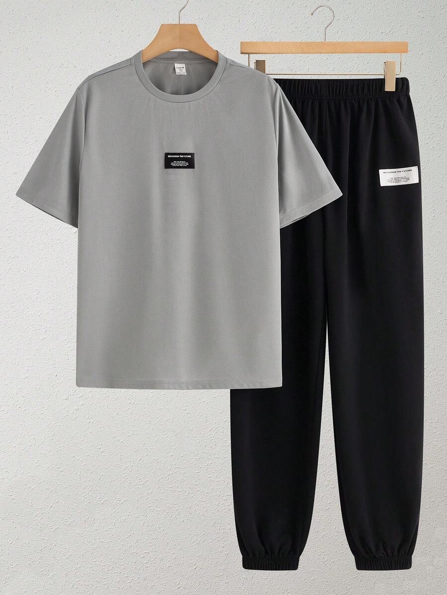 SHEIN 2 件套青少年男童休闲简约字母印花圆领套头衫,适合夏季运动、跑步、户外 - 灰色 - 查看 1